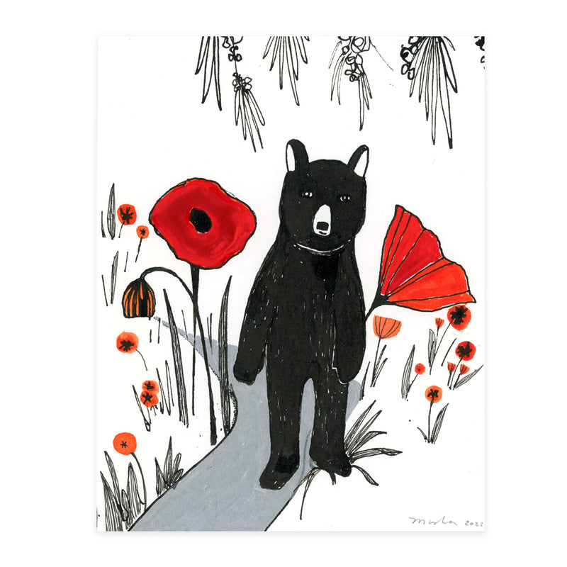 Black Bear, Giant Poppies  / original matted painting