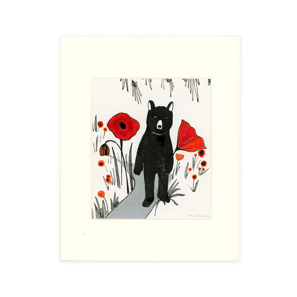 Black Bear, Giant Poppies  / original matted painting
