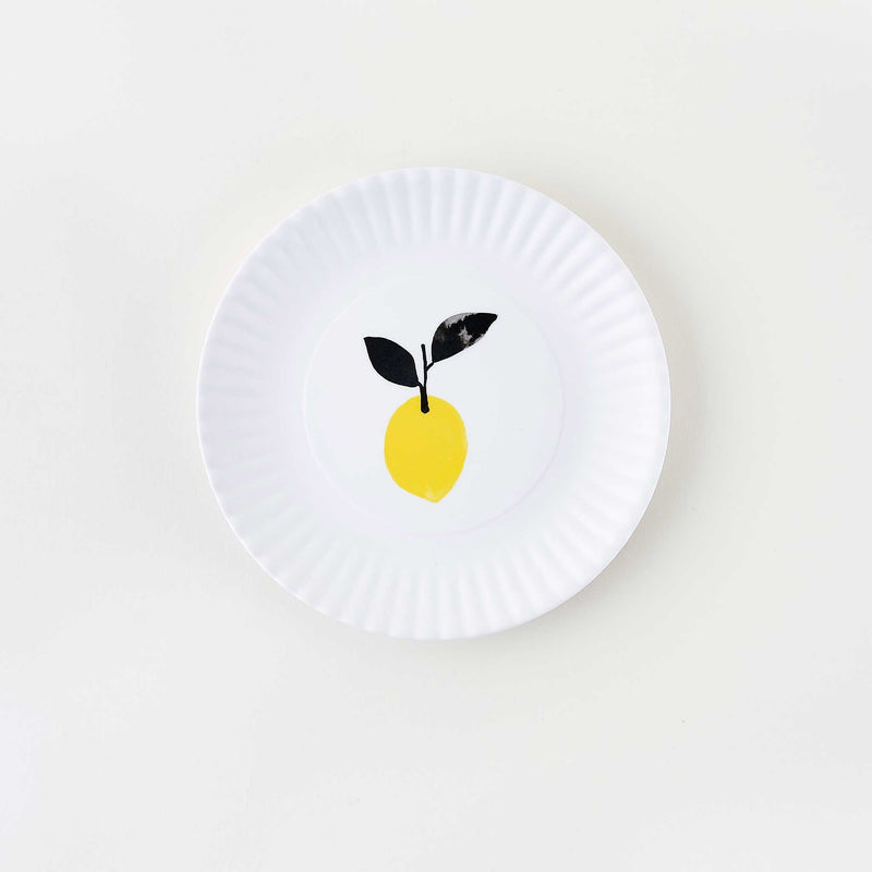 Misha Zadeh Fantastical Fruit 7 inch Melamine Plate Series for 180 Degrees. Closeup of Lemon plate