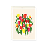 Red, Pink, Orange, and Yellow Tulips abound in this joyful watercolor artwork blank note card by Misha Zadeh