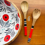 New! Red Poppies on White, Mango Wood Salad Bowl and Tongs