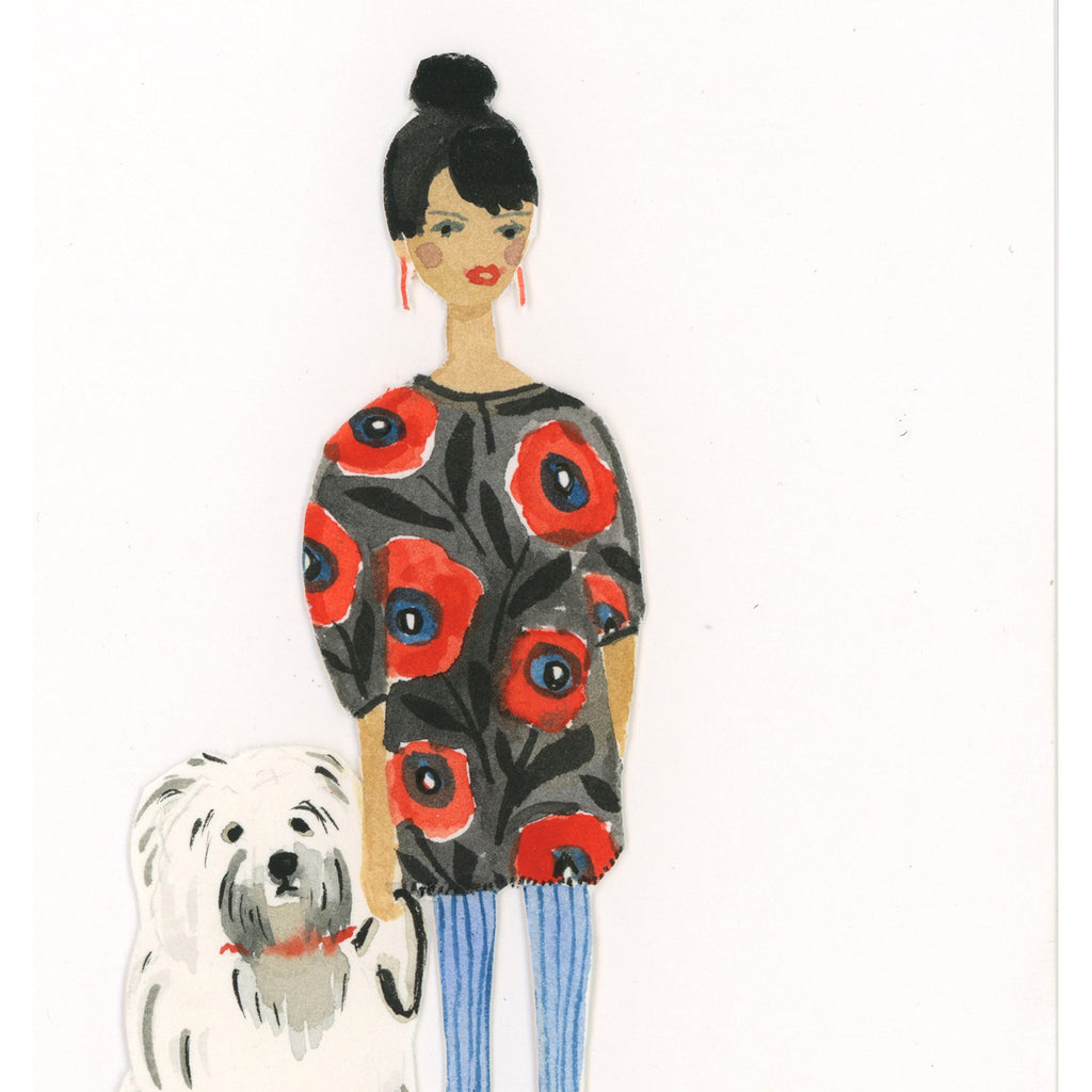 New! Dark Haired Girl with Sheepdog /  handmade full size card