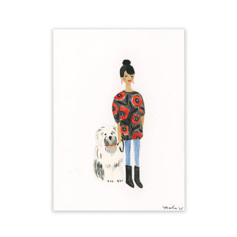 New! Dark Haired Girl with Sheepdog /  handmade full size card