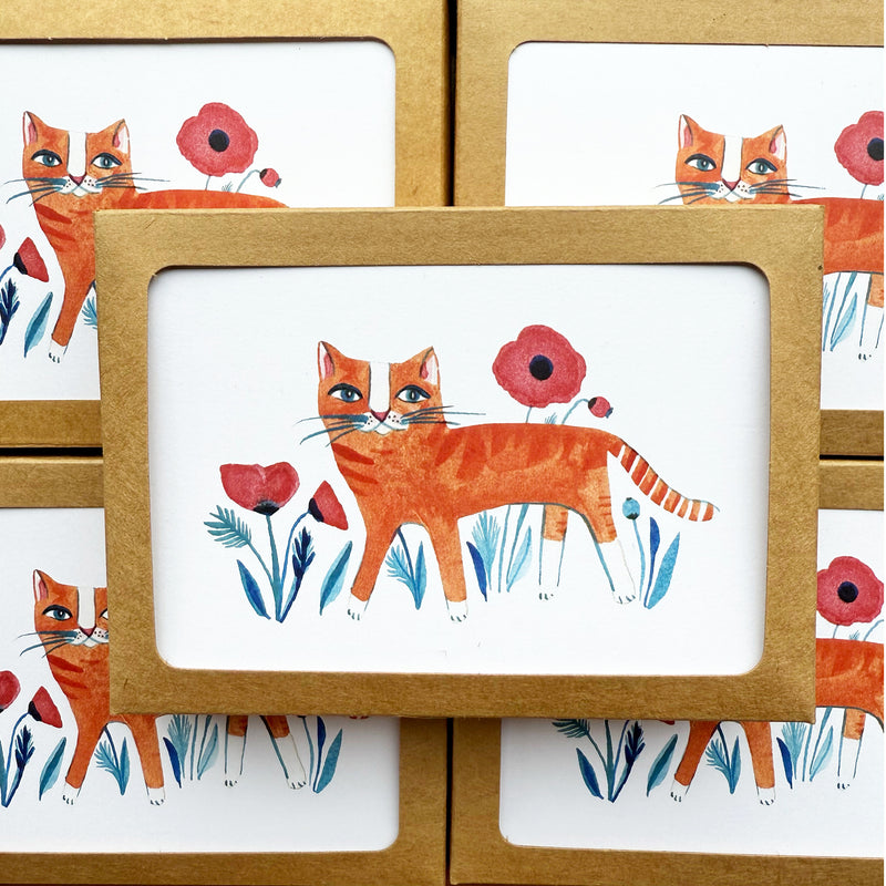 New! Orange Kitty with Poppies / Boxed Blank Note Cards