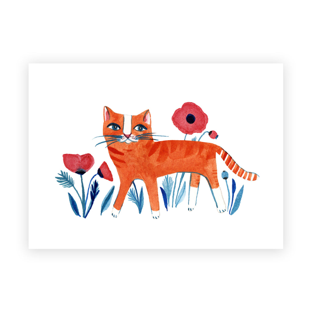 New! Orange Kitty with Poppies / Boxed Blank Note Cards