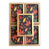 five stacked, boxed notecards featuring a hand painted autumn leaf pattern on a deep chocolate brown background.