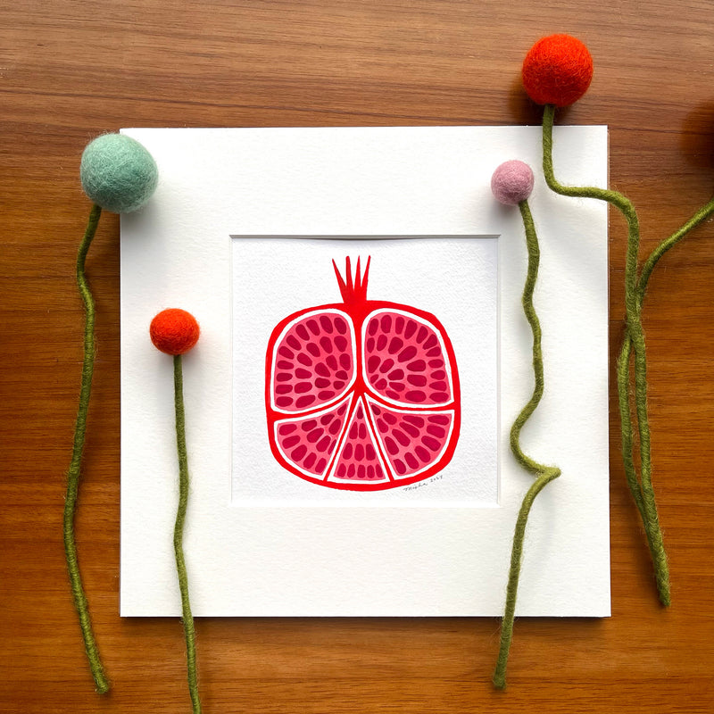 "Raspberry Pomegranate", Matted Original Gouache Painting