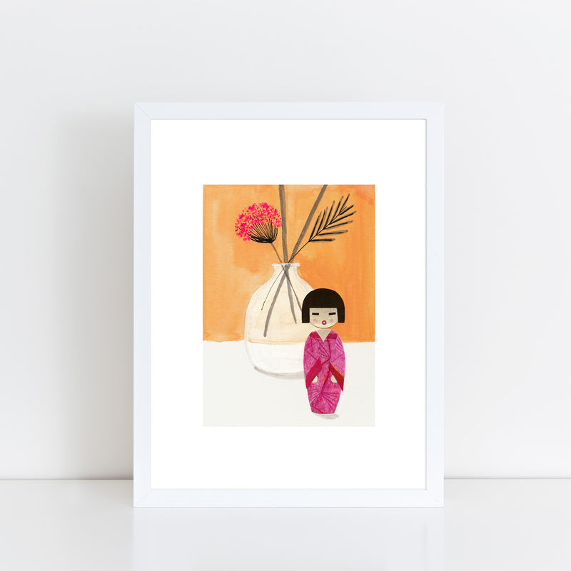 Kokeshi Doll & Flowers / Art Print