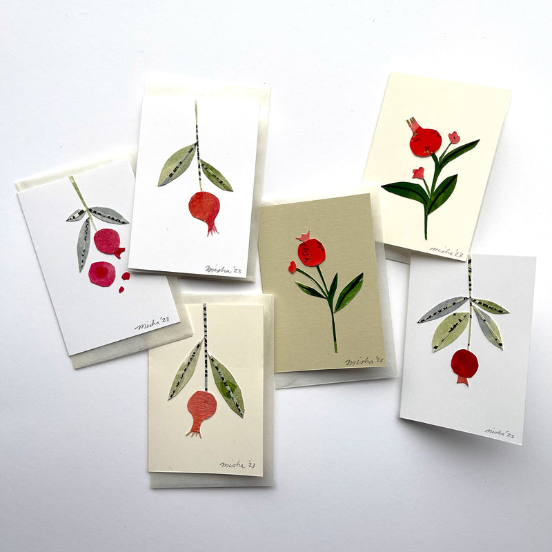 New! Mini Hand-painted, Cut-Paper Pomegranate Cards, Set of 6