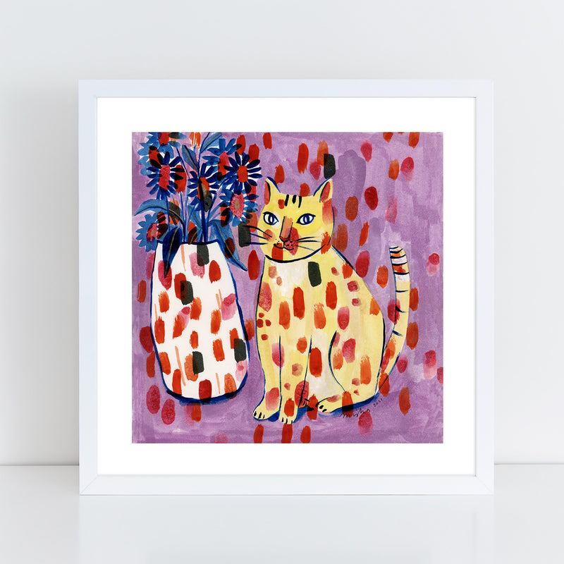 Mischievous Cat with Daisies / Art Print