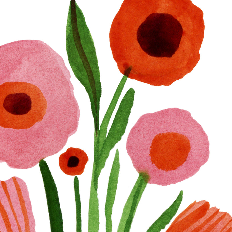New! Spring Bouquet, Floral Watercolor Art Print by Seattle artist Misha Zadeh, gestural red and pink poppies and tulips