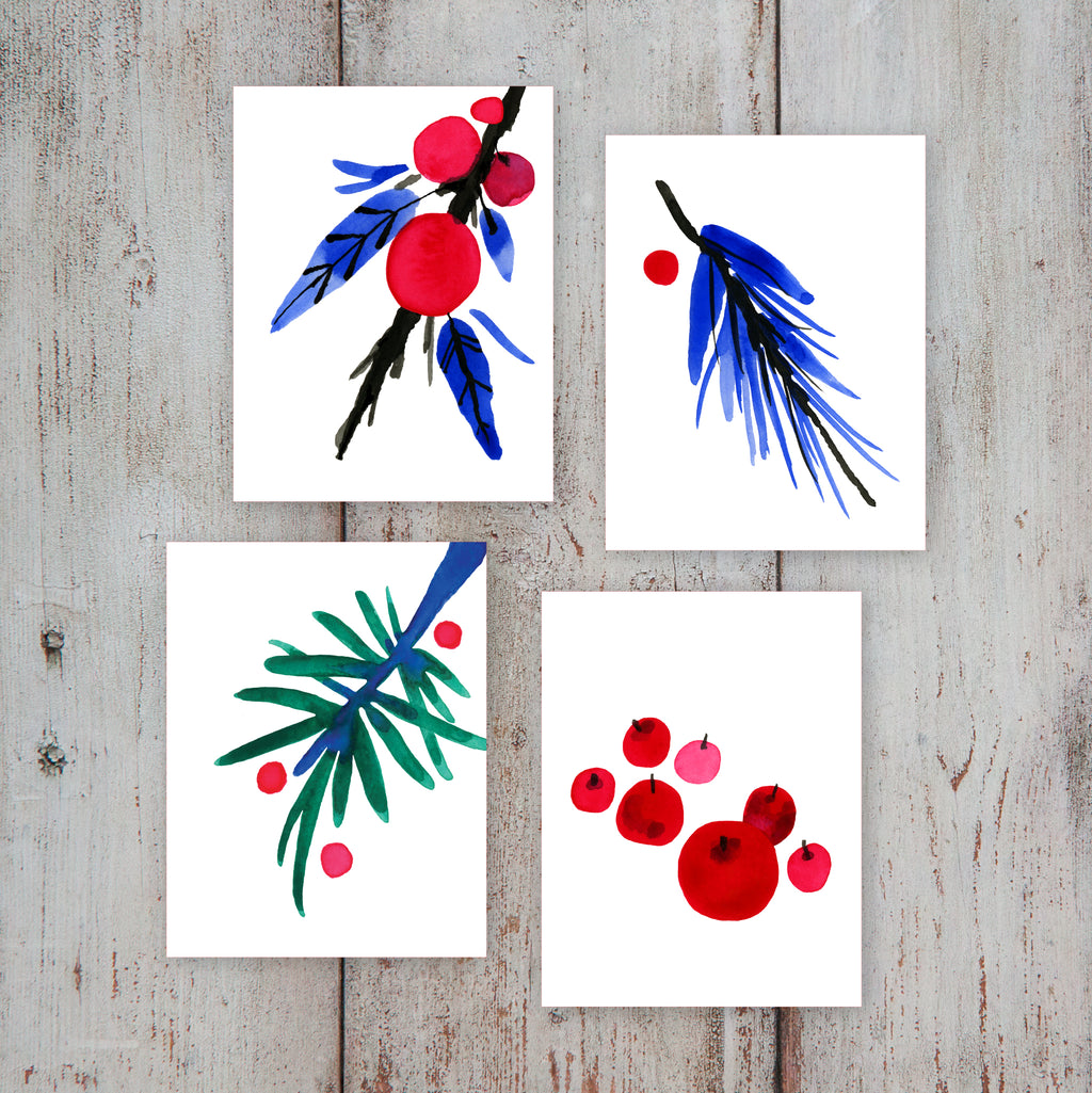 Misha Zadeh Set of 4 Branches & Berries festive holiday note cards