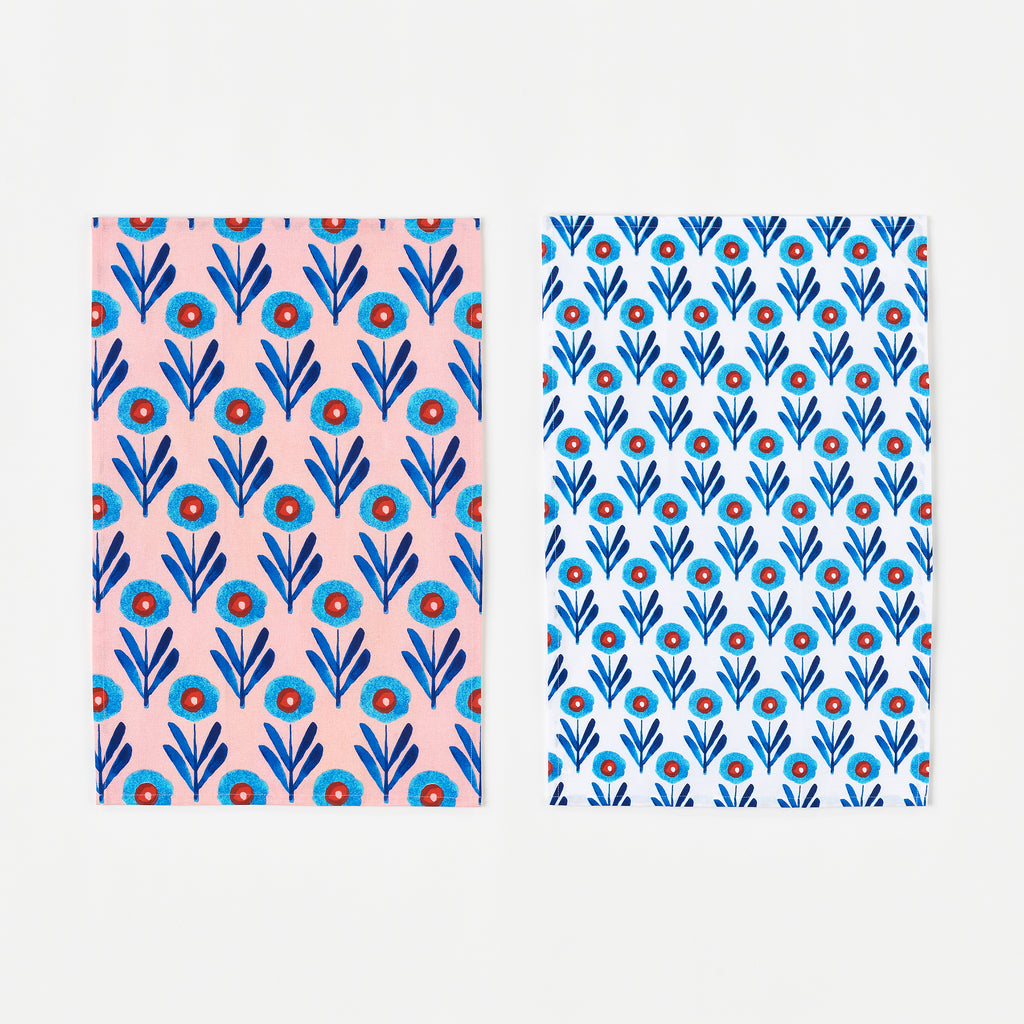 Fancy Poppies Screen Printed Tea Towels by Misha Zadeh for 180 Degrees, Available in Pink or White