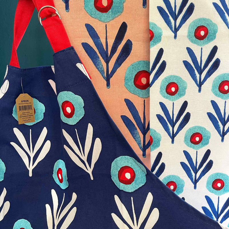 Misha Zadeh Screen Printed Blue Poppies collection of apron and tea towels for 180 Degrees