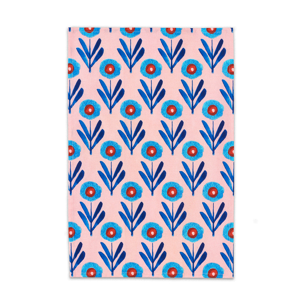 Blue Poppies Pink Tea Towel Screen Printed Misha Zadeh for 180 Degrees