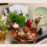Nowruz Haft Seen Table featuring Misha Zadeh Fish Salad Bowl in lieu of live goldfish. Styling and Photography by Patricia Poupak Zahedani