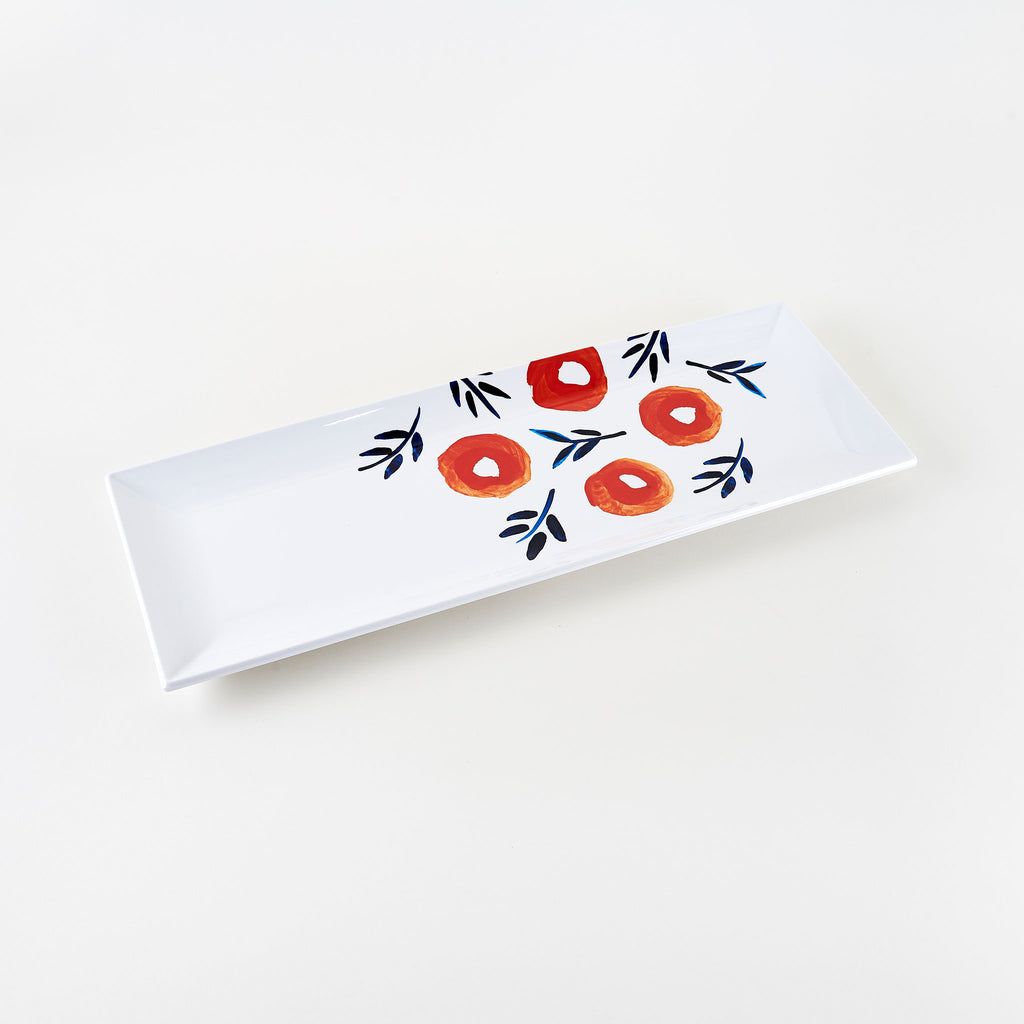 Misha Zadeh White Melamine Sandwich Tray with her red and orange Inky Poppies motif on it.