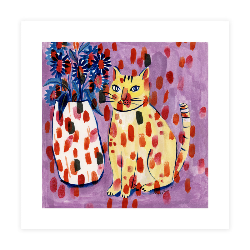 Mischievous Cat with Daisies / Art Print