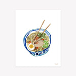 Asian ramen noodles in a blue and white floral bowl. Artwork by Misha Zadeh