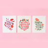 Set of three illustrated quotes from Seattle artist Misha Zadeh set atop a pink background