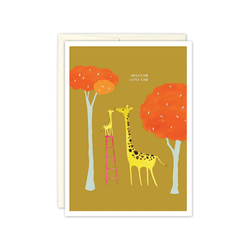 Tiny Baby Giraffe on a pink ladder to reach and kiss mama giraffe. Orange trees with pale blue stems. Text reads, "welcome little one", on a field of ochre brown