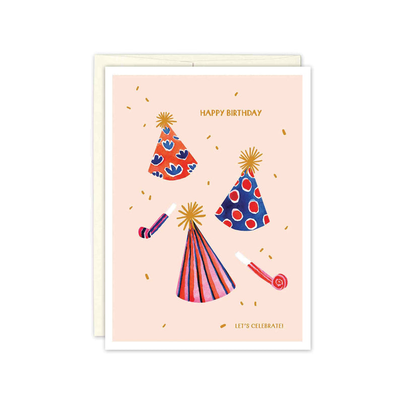 Red, Orange, Blue, and Pink patterned party hats with gold pom pom tops along with noise makers and gold confetti in the air. Background of pale pink. Text reads, "Happy Birthday…Let's Celebrate!