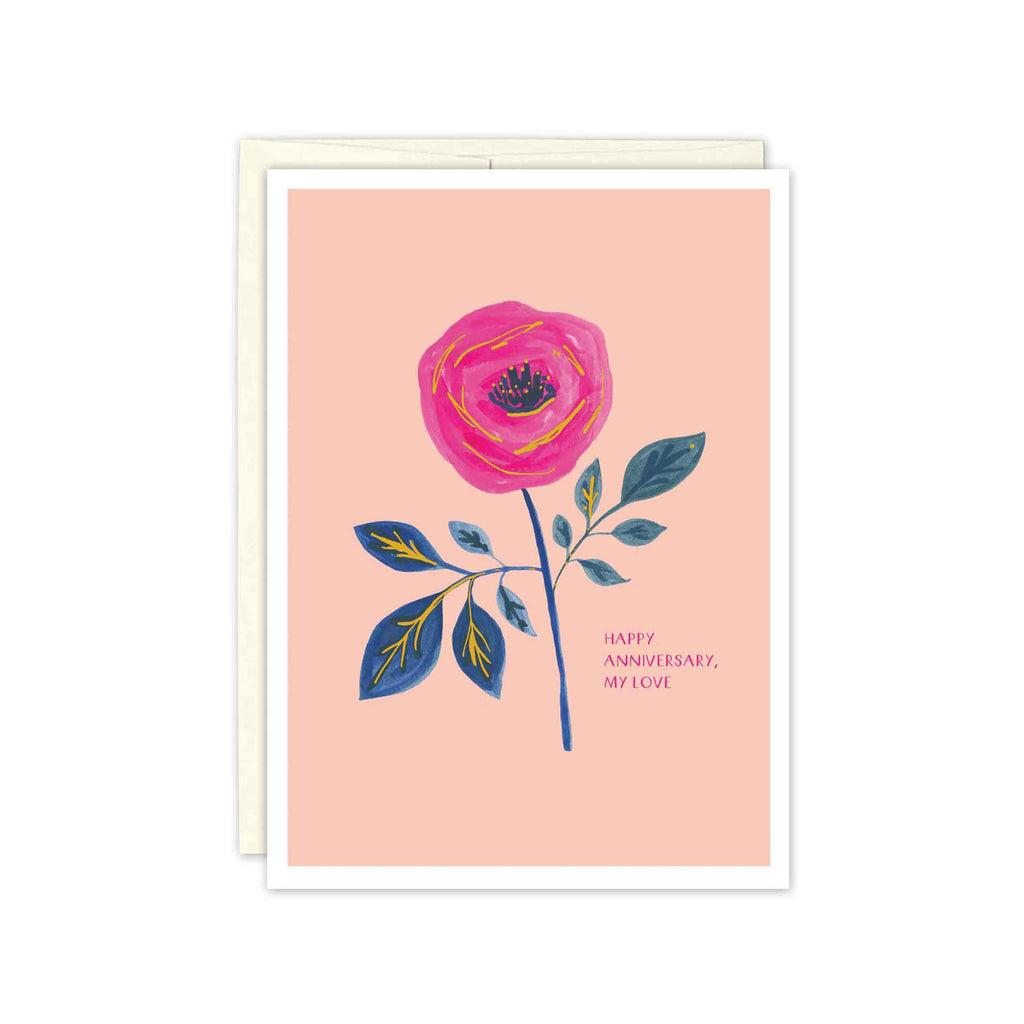 Hand-painted hot pink rose with blue stems and leaves and gold detailing throughout, on a field of soft peach ink. Text reads, "Happy anniversary, my love"