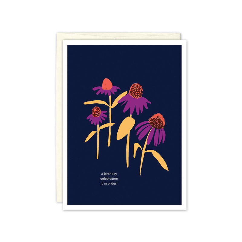 Purple and Coral Coneflowers with gold stems on a field of navy blue