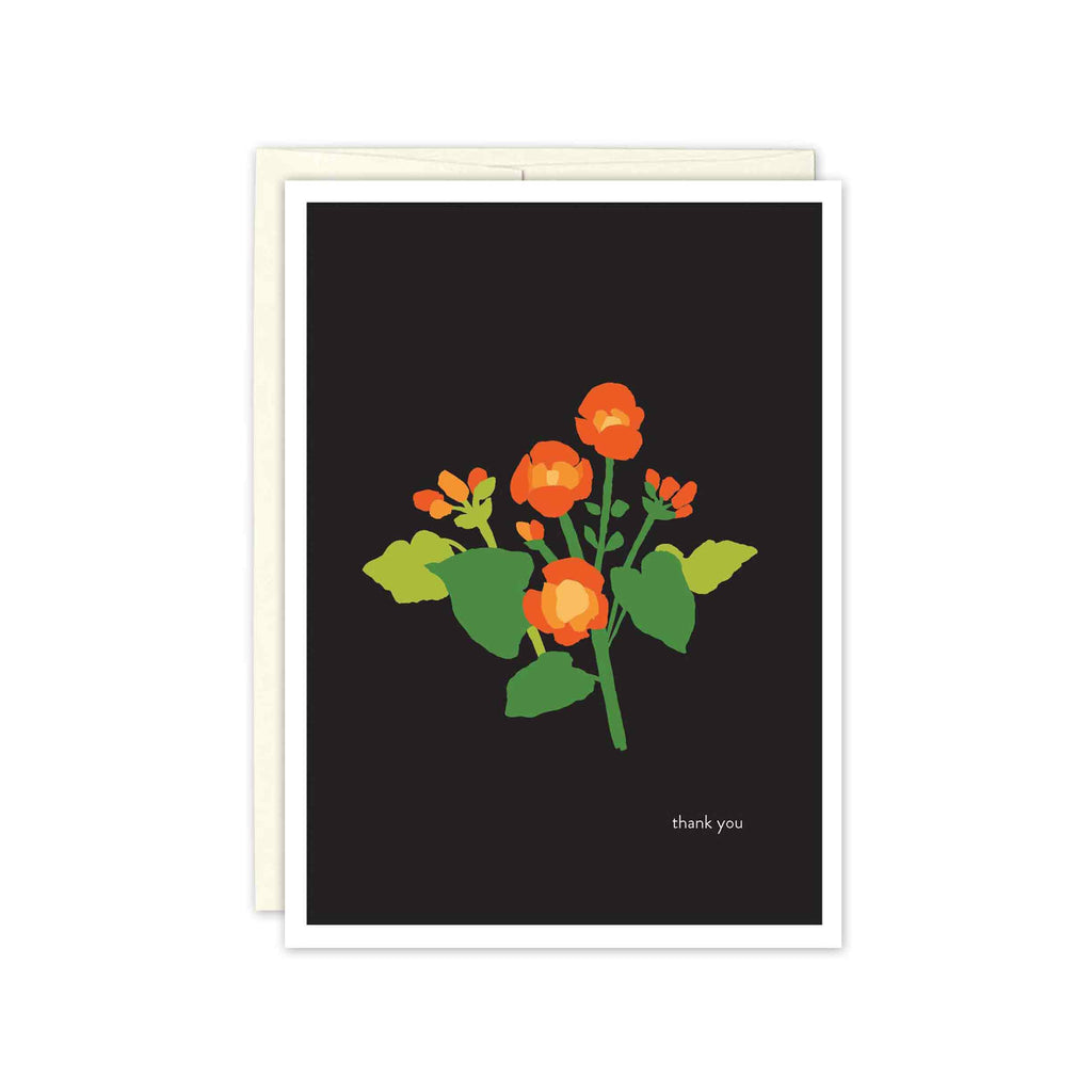 Hand-painted Orange Begonias on a rich black background in this striking thank you card by Misha Zadeh for Biely and Shoaf