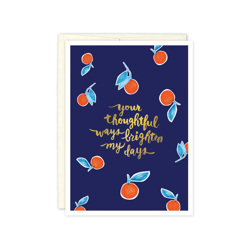 Orange and blue oranges on a navy background with hand lettering and gold detailing thank you card by Misha Zadeh for Biely and Shoaf
