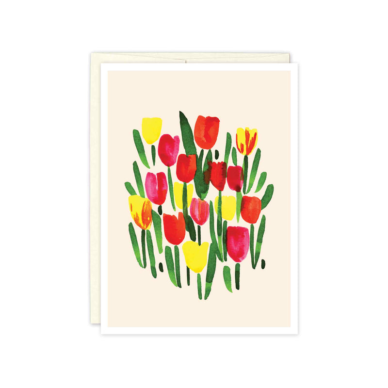 Red, Pink, Orange, and Yellow Tulips abound in this joyful watercolor artwork blank note card by Misha Zadeh