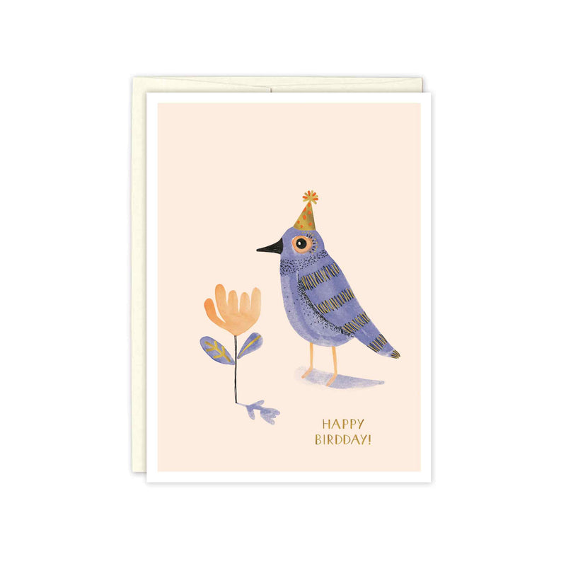 blue bird with party hat and tulip birthday card by misha zadeh