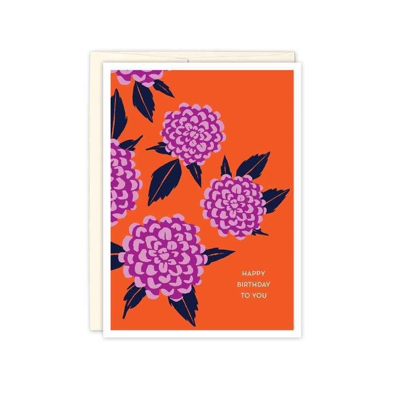 New! Purple Dahlias on Orange Birthday Card