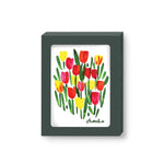 Pink, Red, and Yellow gestural painted tulips on a white background. Set of boxed greeting cards. Hand lettered 'thanks' greeting in bottom right corner.