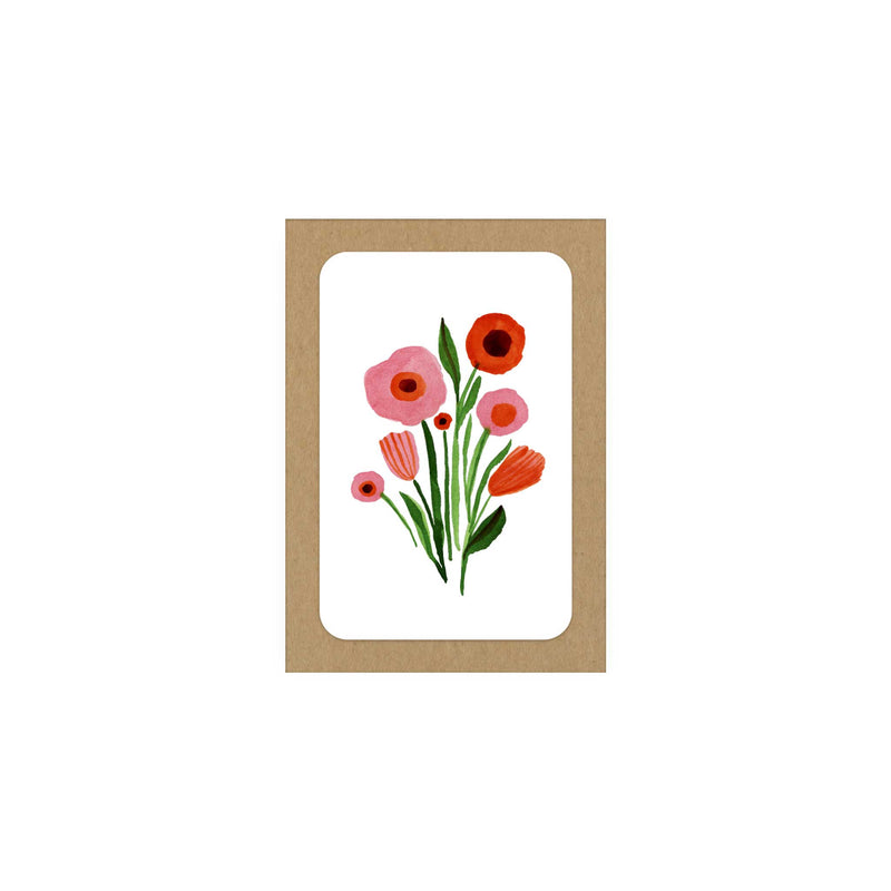 Spring Bouquet A1 Size boxed notecards by Seattle Artist Misha Zadeh. Red and Pink Tulips, Poppies, and Greenery on a stark white background