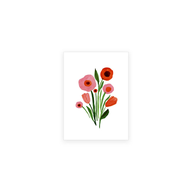 Spring Bouquet A1 Size boxed notecards by Seattle Artist Misha Zadeh. Red and Pink Tulips, Poppies, and Greenery on a stark white background