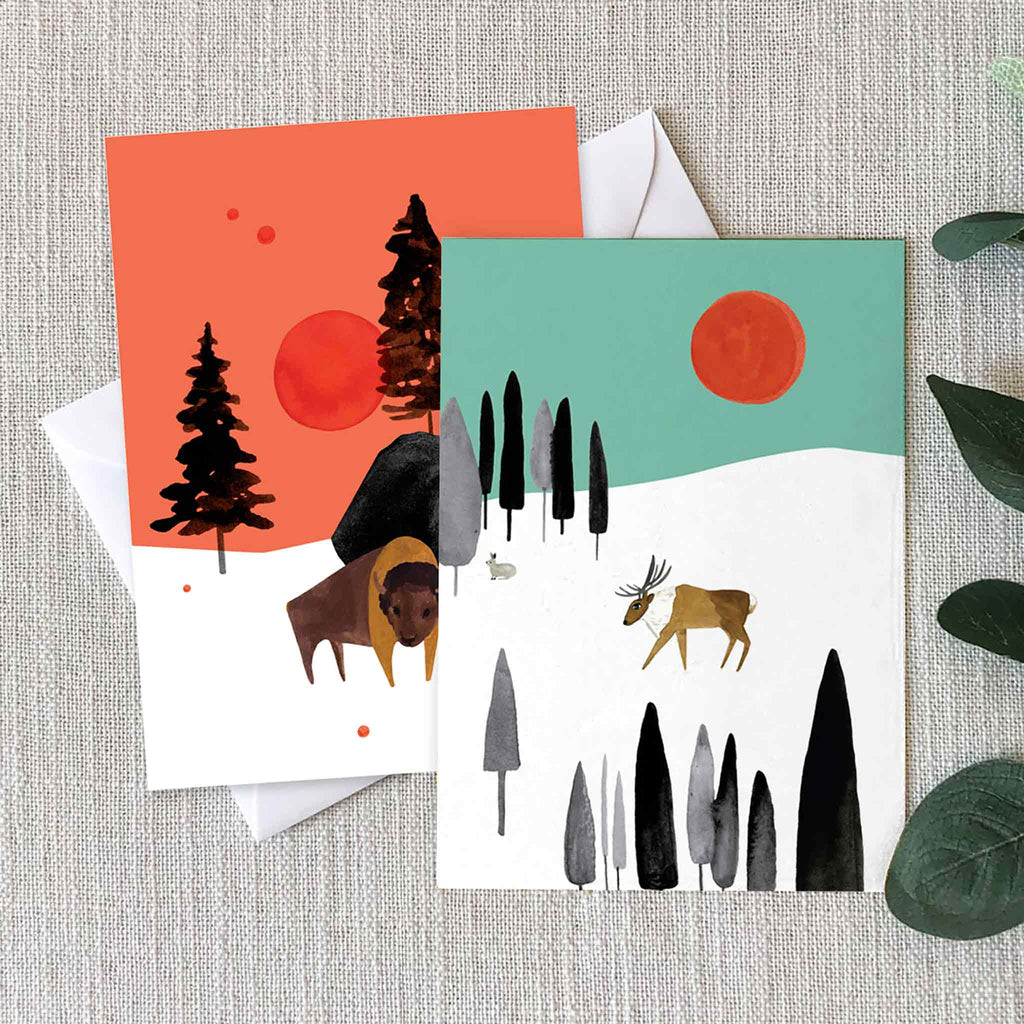 Bison in Yellowstone and a Caribou in the Canadian Taiga Winter Forest Blank Notecards by Misha Zadeh for Hemlock Printers