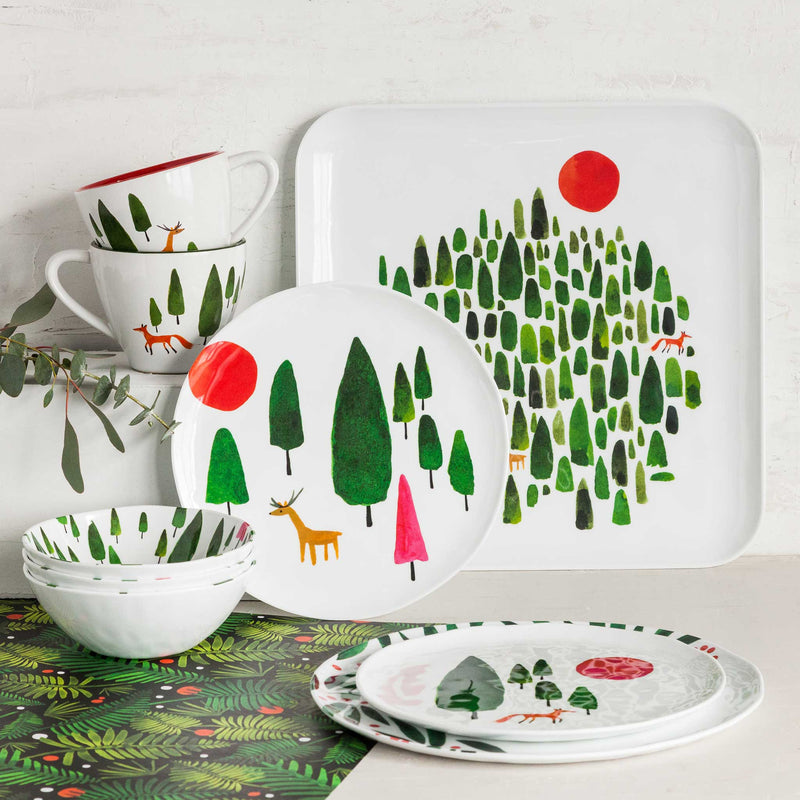 Winter Forest Fox & Deer Melamine Plate Set