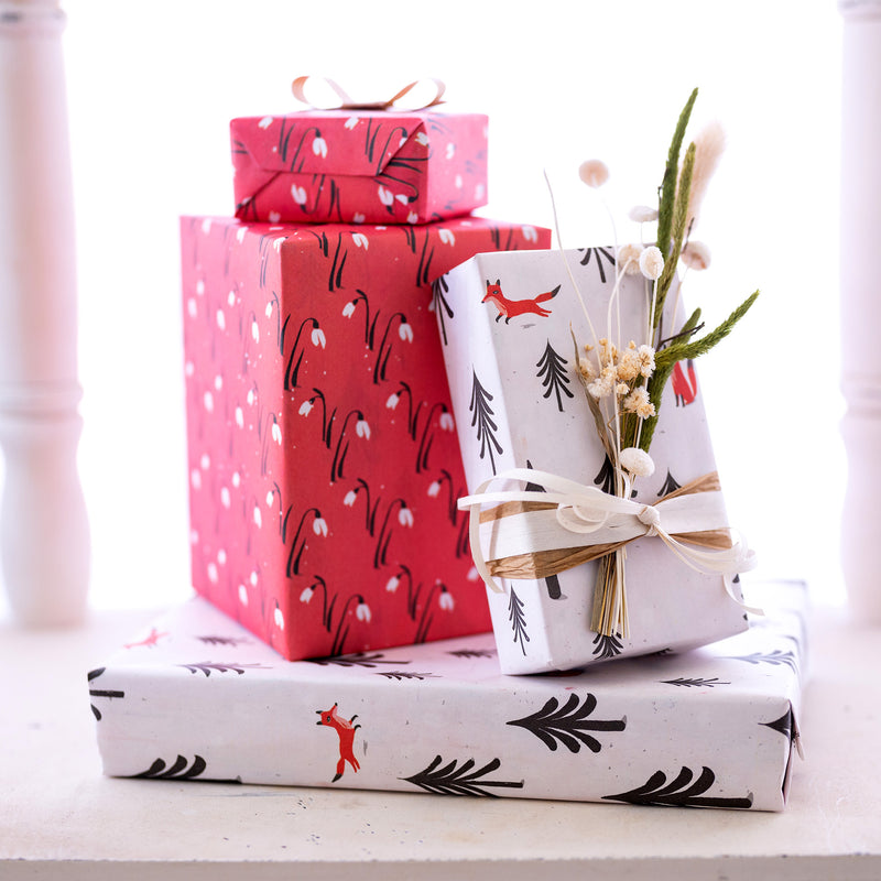 Fox Forest & Snowdrops /  Winter Holiday Gift Wrap Set