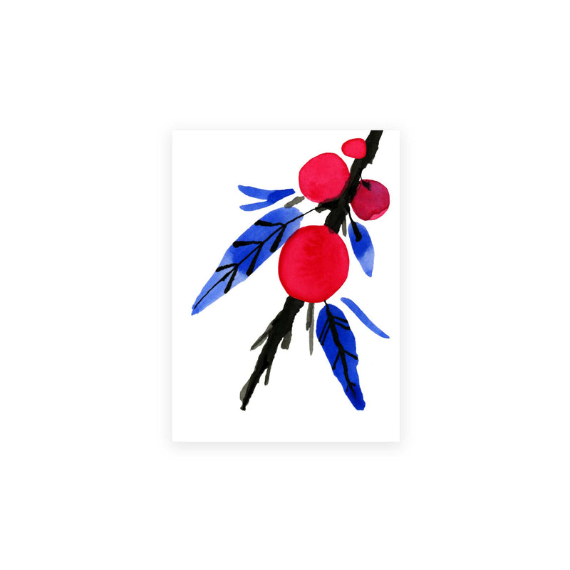 Misha Zadeh Branches and Berries Set of 4 festive winter note card designs : Blue Red Berries