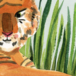 Closeup of Misha Zadeh Jungle Tiger Art Print featuring watercolor, acrylic ink, and cut paper