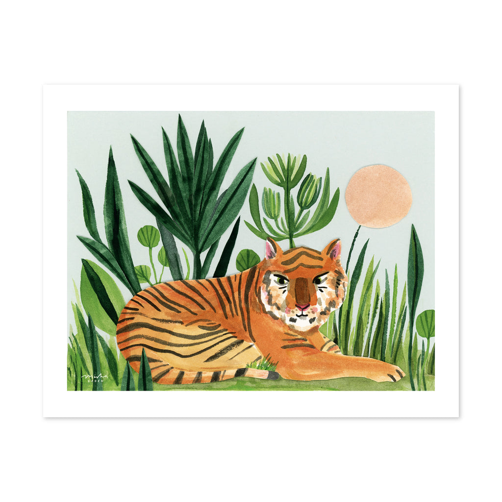Jungle Tiger Art Print - Mixed Media Artwork, by Misha Zadeh, of a Seated Sumatran Tiger collaged atop a watercolor painting of vibrant green plants and a large circular peach bloom. Pale blue background