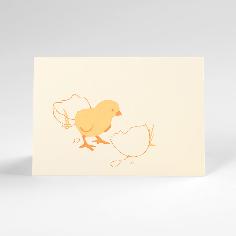 Misha Zadeh illustration of an orange and yellow baby chick cracking out of an egg. Letterpress printed on creamy card stock.