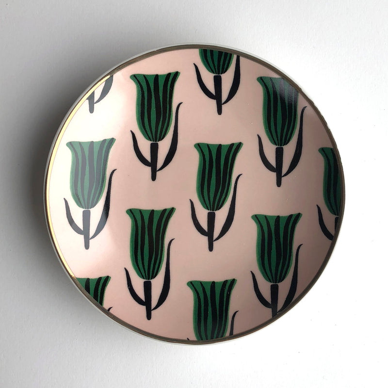 Green Tulips on Pink, Mod Print Ceramic Trinket Dish Appetizer dish by Misha Zadeh