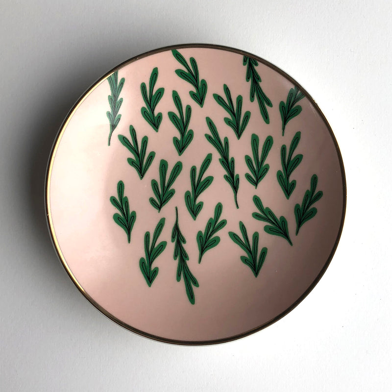 Green Ferns on Pink Mod Print Ceramic Trinket Dish Appetizer dish by Misha Zadeh