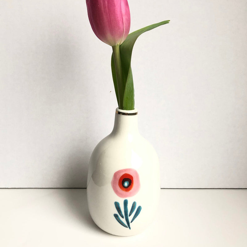 Poppies and Posies Ceramic Bud Vases with gold detailing by Misha Zadeh, featuring floral watercolor artwork. Pink Poppy Vase