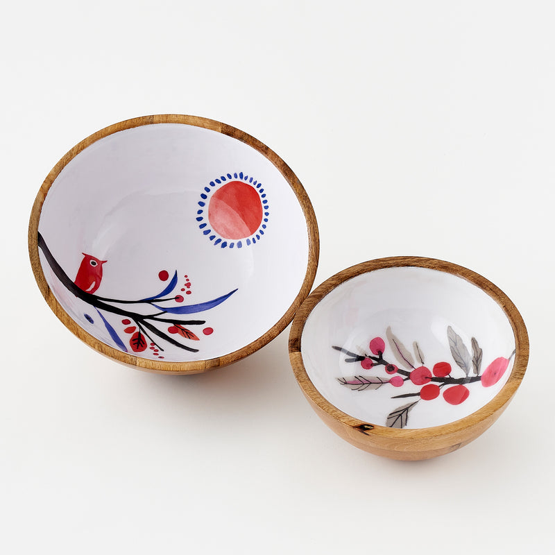 Red Bird and Pink Berries Mango Wood Serving Bowls