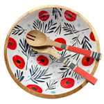 New! Red Poppies on White, Mango Wood Salad Bowl and Tongs