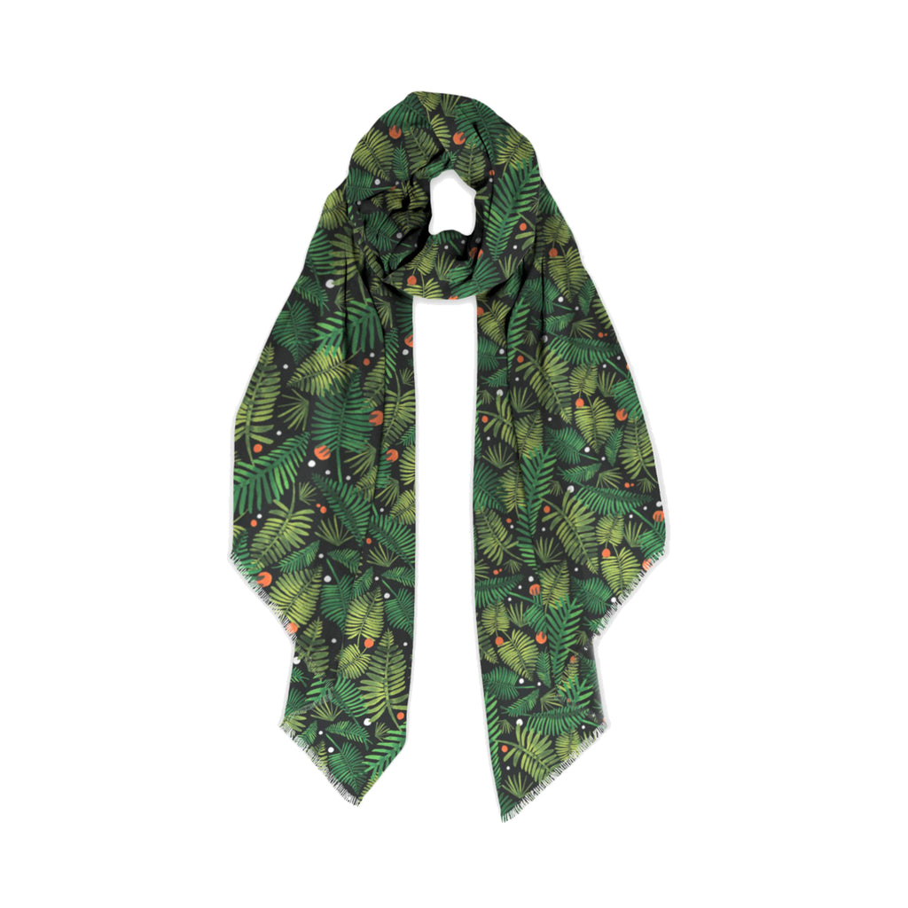 Misha Zadeh Modal Scarf Fern Forest Design. Layered, hand-painted green ferns and orangey red and white berries on a field of rich black. Scarf is tied in a knot.
